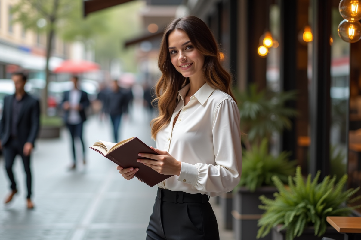 Jeune femme entrepreneure dans un café urbain en pleine réflexion