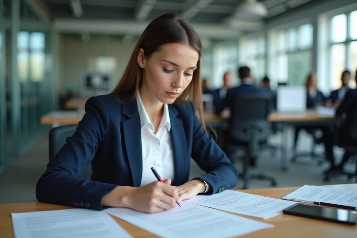 Femme professionnelle examinant un contrat de travail CDD avant sa fin, prime de fin de contrat
