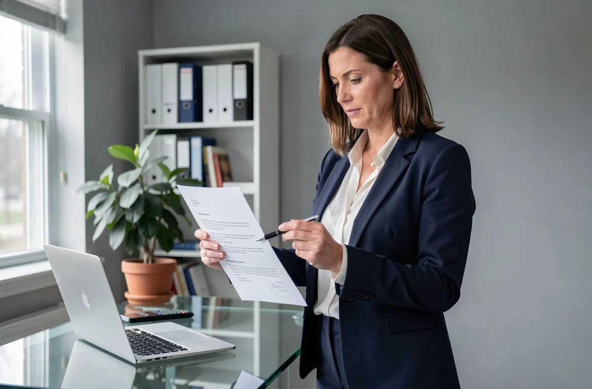 Femme en tenue professionnelle examinant les clauses d'un contrat de chantier signé dans un bureau à domicile pour exercer son droit de rétractation