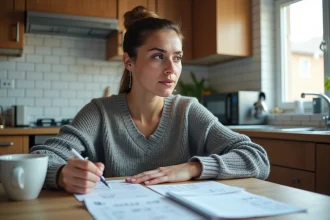 Femme freelance analysant ses factures et son budget mensuel à la table de sa cuisine, illustrant la question du taux horaire suffisant pour vivre