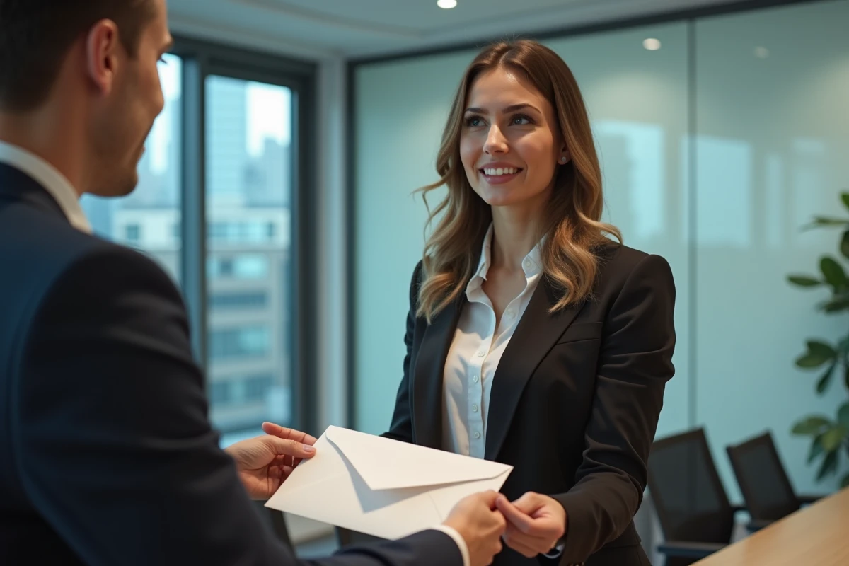 Jeune femme RH remettant une enveloppe à un employé partant