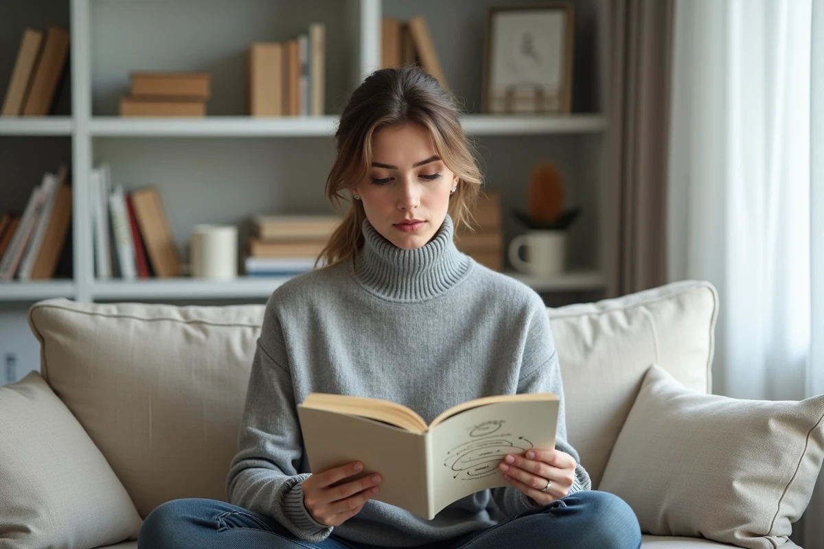 Jeune femme lisant un livre sur le concept du Golden Circle de Simon Sinek à la maison