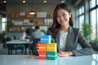 Jeune femme professionnelle avec cubes marketing colorés