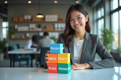 Jeune femme professionnelle avec cubes marketing color&eacute;s