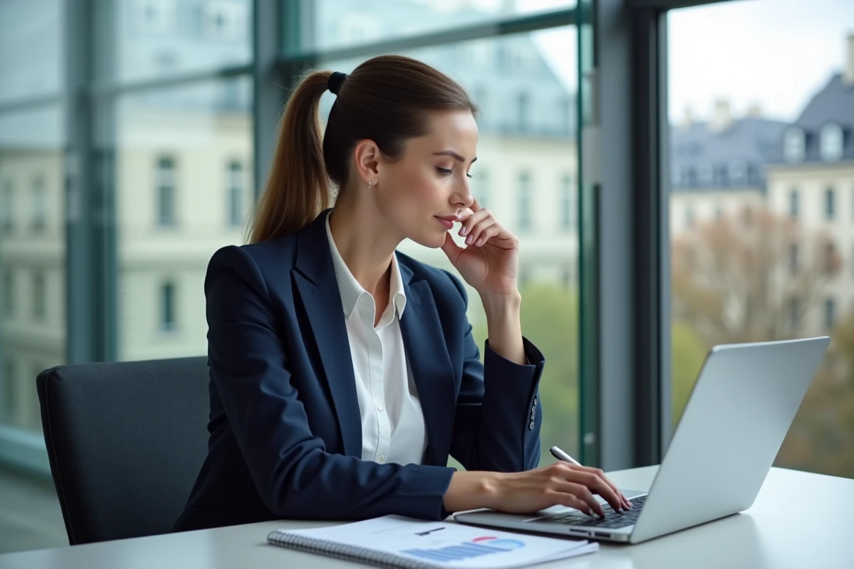 Manager marketing concentr&eacute;e devant son ordinateur &agrave; Paris