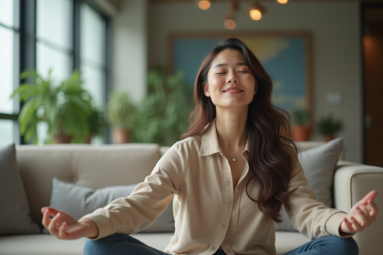 Jeune femme en pause mindfulness dans un bureau moderne