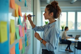 Femme professionnelle organise notes colorées au bureau