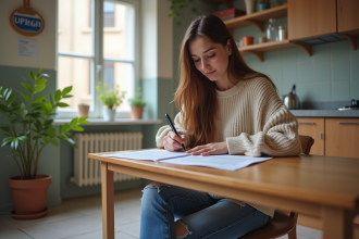 Jeune femme française remplissant des papiers administratifs à la maison