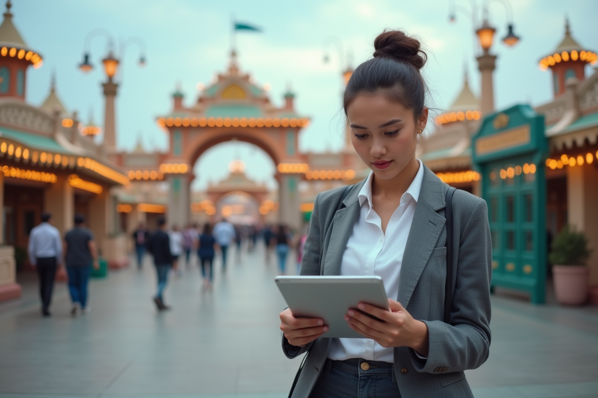 Jeune femme vérifiant des graphiques financiers au parc