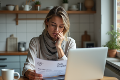 Femme pensive avec document Pôle Emploi dans une cuisine