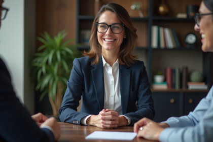 Femme en costume navy présentant un prototype en réunion