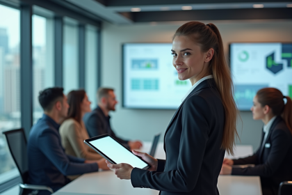 Jeune femme en business présentant une tablette numérique moderne