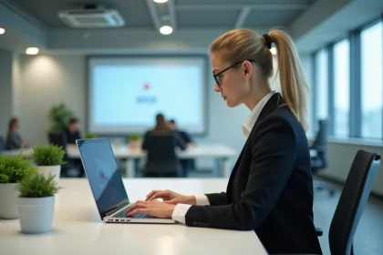 Femme professionnelle travaillant sur son ordinateur en bureau