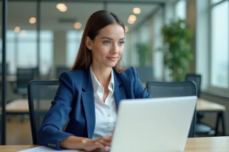Femme en blazer bleu travaillant sur un ordinateur dans un bureau moderne