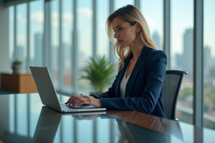Femme d'affaires en costume navy travaillant sur un ordinateur dans un bureau moderne