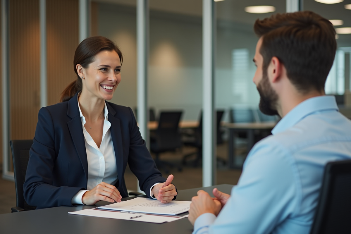 Femme d'affaires souriante en réunion dans un bureau moderne