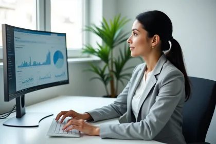 Femme professionnelle utilisant le logiciel WATERP sur un &eacute;cran d'ordinateur dans un bureau moderne