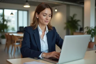 Femme professionnelle consultant la plateforme Les Experts.com sur son ordinateur portable dans un bureau moderne