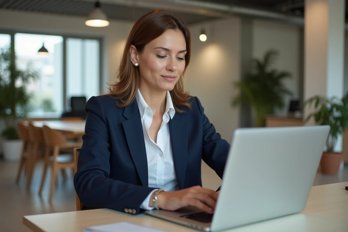 Femme professionnelle consultant la plateforme Les Experts.com sur son ordinateur portable dans un bureau moderne
