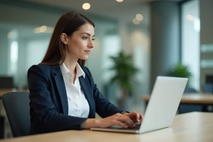 Femme d'affaires au bureau naviguant sur un portail RH