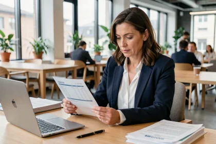 Femme professionnelle en bureau moderne révisant une facture imprimée, illustrant les formules de politesse pour le règlement de facture