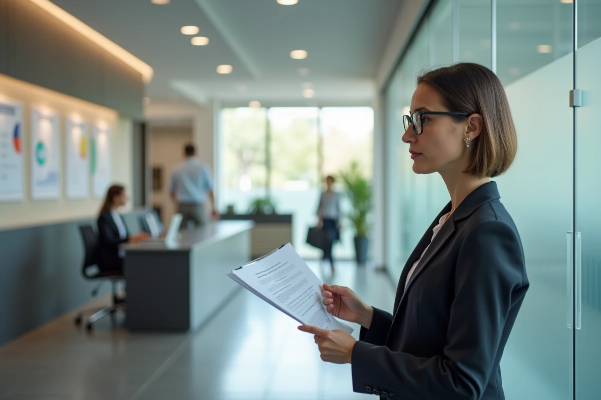 Femme en entretien dans un lobby d agence d emploi