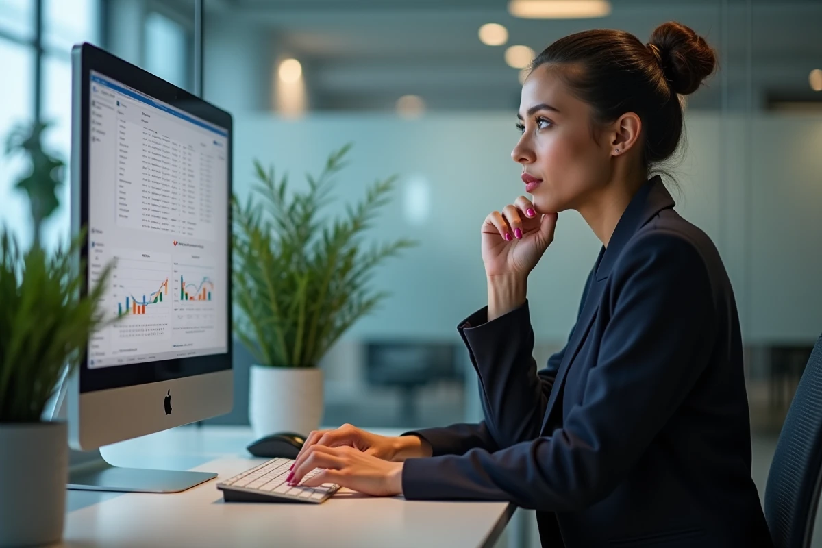 Femme RH analysant des donn&eacute;es sur un ordinateur dans un bureau