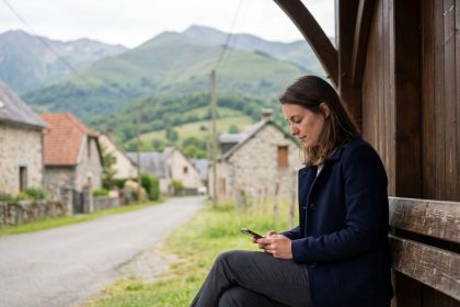 Jeune femme en plein air vérifiant son téléphone dans la campagne