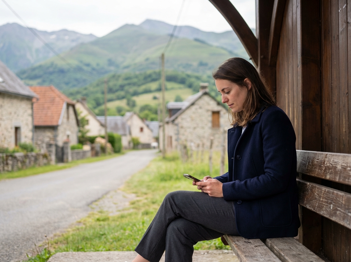 Jeune femme en plein air vérifiant son téléphone dans la campagne