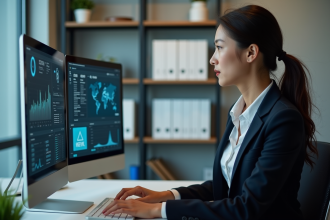 Jeune femme professionnelle surveillant des écrans de sécurité