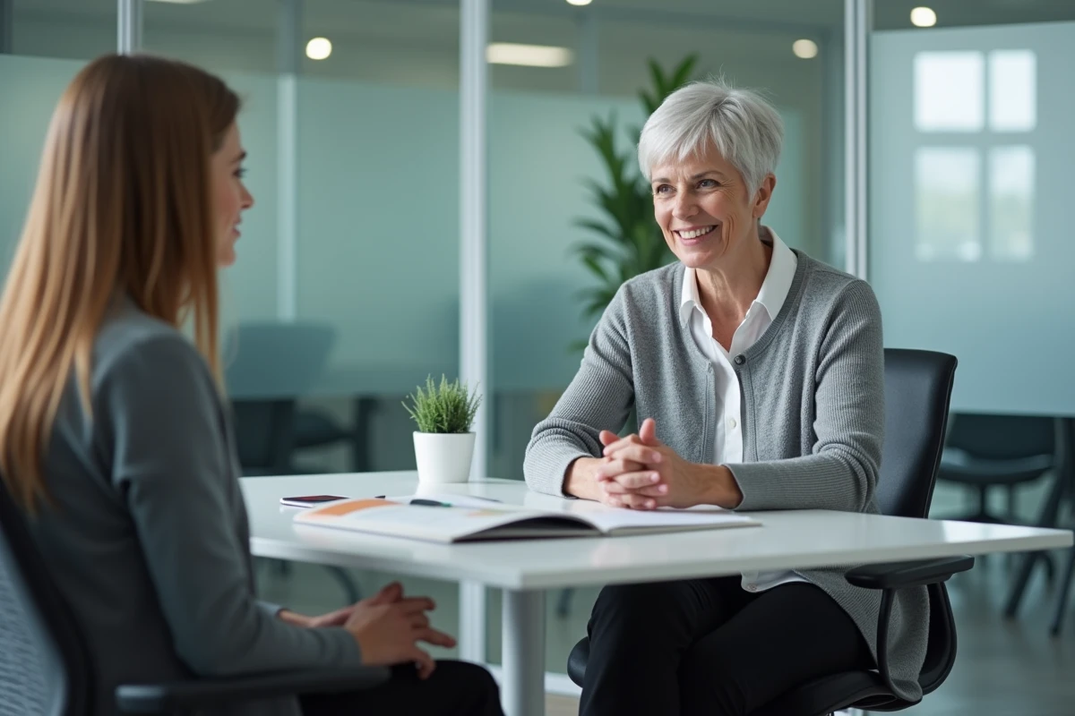 Femme de 52 ans en entretien avec un conseiller emploi dans une agence pour discuter du Contrat de Sécurisation Professionnelle