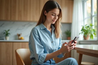 Jeune femme utilisant son smartphone dans une cuisine lumineuse