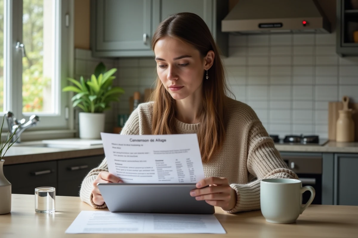 Jeune femme lisant un document dans une cuisine lumineuse