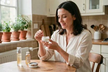 Femme d'une quarantaine d'années testant une crème visage lors d'une vente à domicile de produits de beauté