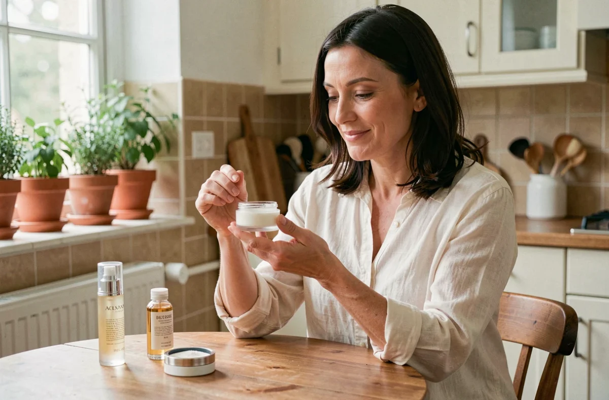 Femme d'une quarantaine d'années testant une crème visage lors d'une vente à domicile de produits de beauté