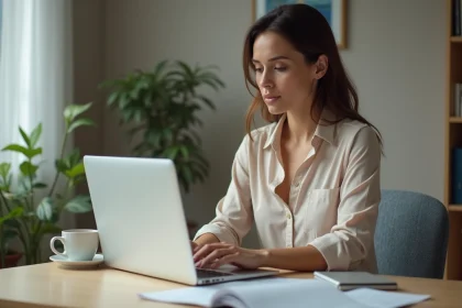 Femme concentr&eacute;e travaillant sur un ordinateur dans un bureau