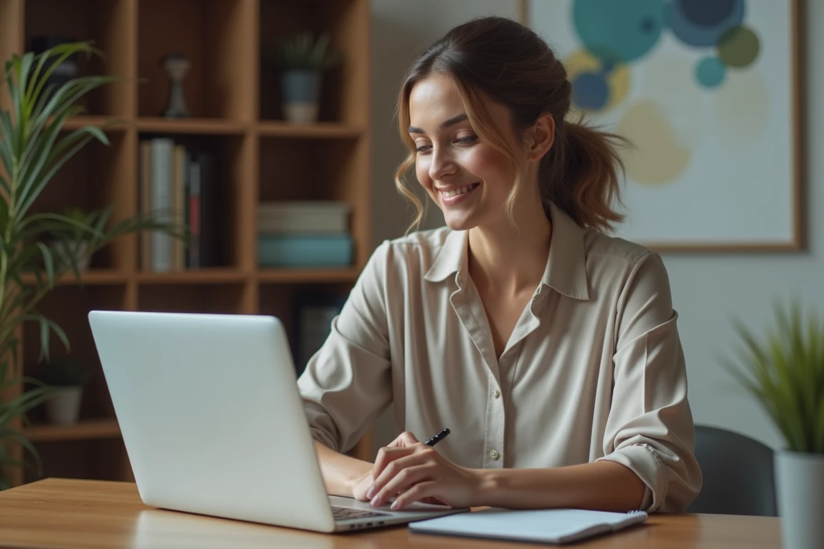Femme concentrée au bureau avec ordinateur et carnet