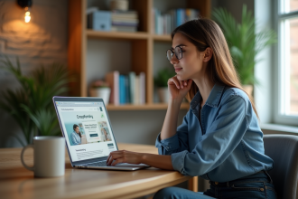 Jeune femme concentrée sur son ordinateur pour crowdfunding