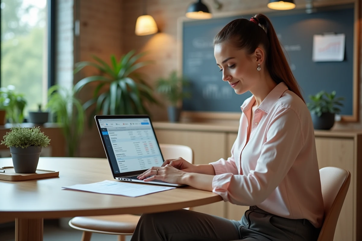 Femme assise &agrave; une table de coworking tape sur son ordinateur portable