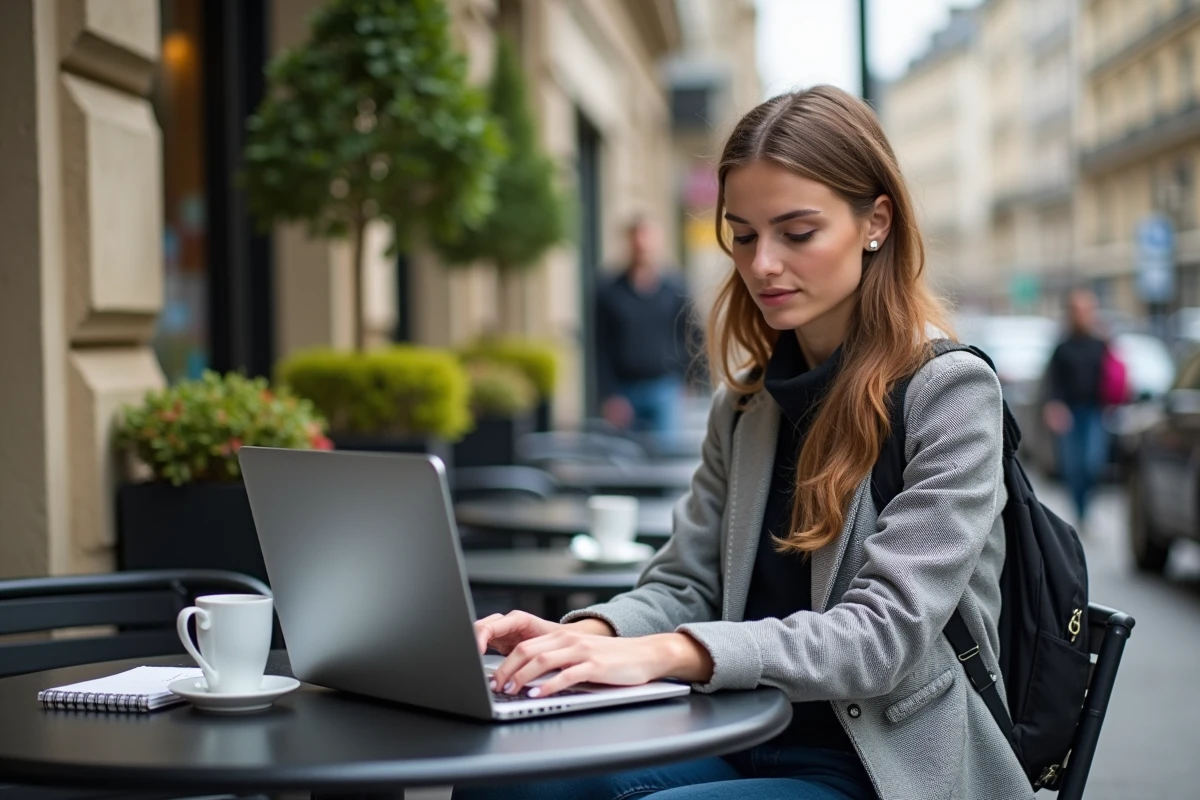 Jeune femme travaillant sur un ordinateur en terrasse
