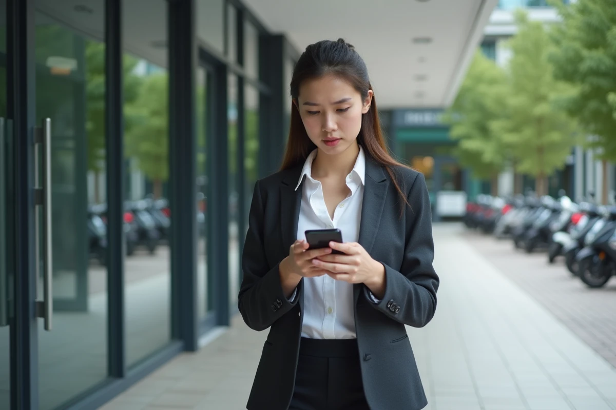 Femme d affaires dans la ville regardant son t&eacute;l&eacute;phone