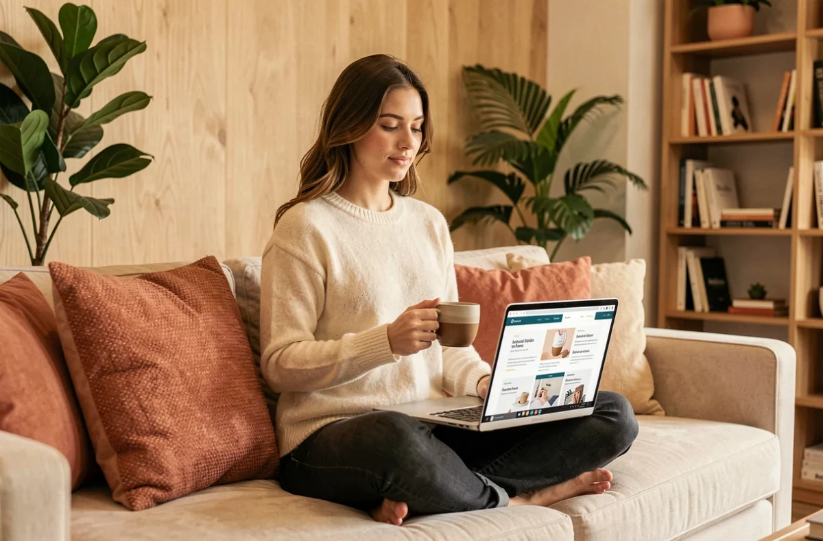 Entrepreneuse de Feya travaillant sur une présentation d'identité de marque dans un espace de coworking moderne aux tons chauds