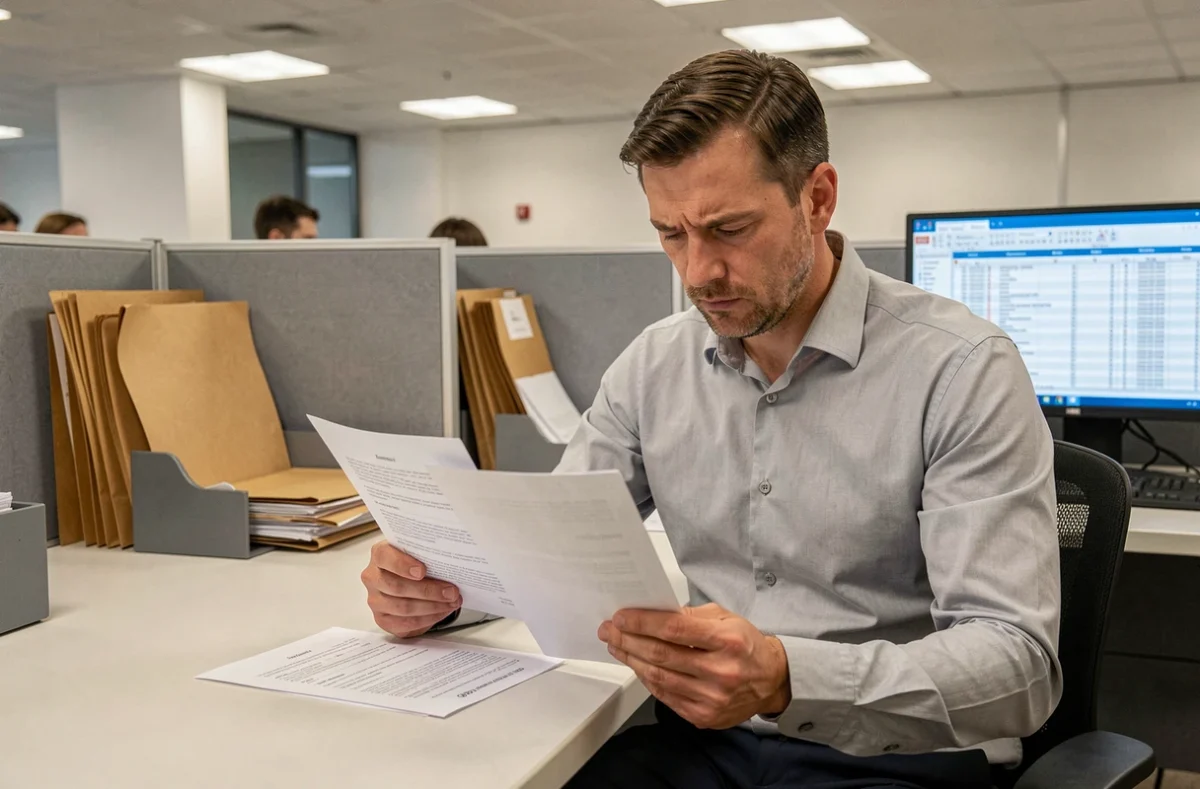 Fonctionnaire masculin analysant attentivement les clauses salariales de son contrat de travail dans un bureau administratif de la fonction publique