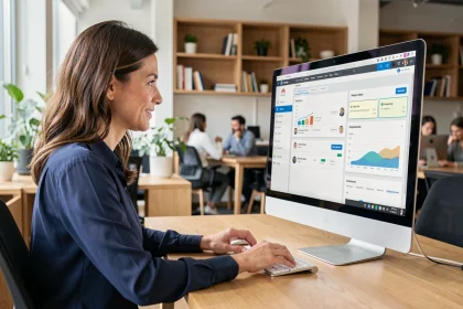 Une formatrice en MFR consulte l'intranet sur un écran d'ordinateur dans un bureau moderne et collaboratif