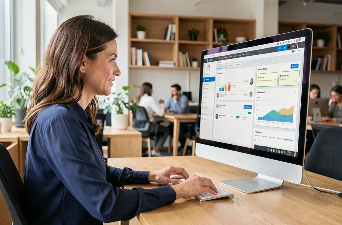 Une formatrice en MFR consulte l'intranet sur un écran d'ordinateur dans un bureau moderne et collaboratif