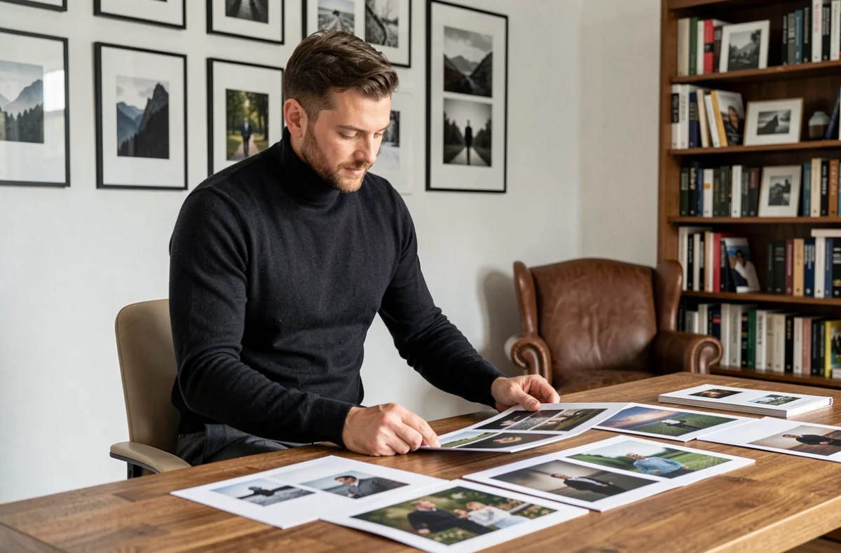 Gabriel K., consultant créatif, étudiant des portfolios photographiques et des maquettes de campagnes dans son studio personnel raffiné