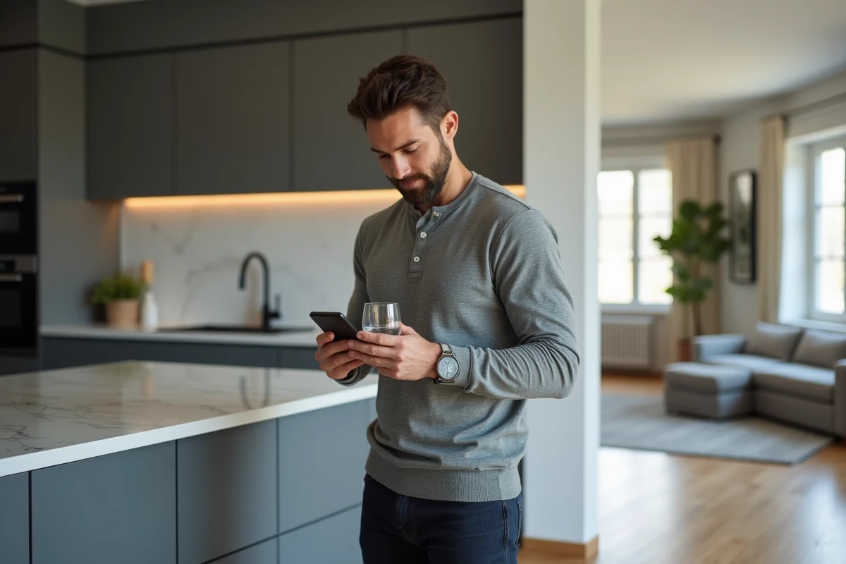 Homme consultant son smartphone pour gérer son temps efficacement dans une cuisine moderne au quotidien