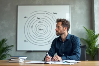 Homme d'affaires devant un tableau blanc avec le schéma du Golden Circle Why How What