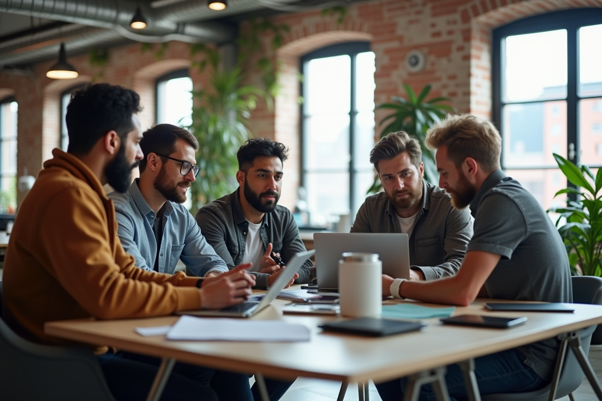 Groupe d ingénieurs logiciels en discussion