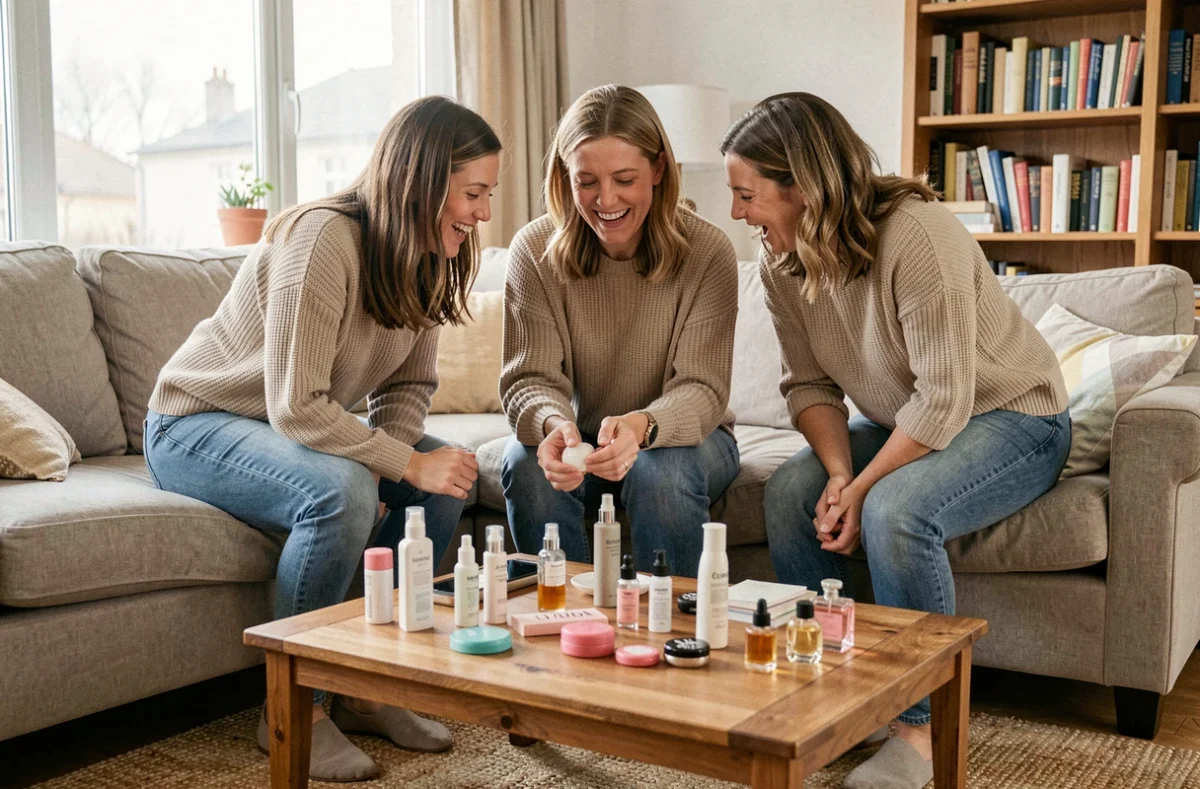 Groupe de femmes découvrant des produits de beauté lors d'une réunion de vente à domicile conviviale